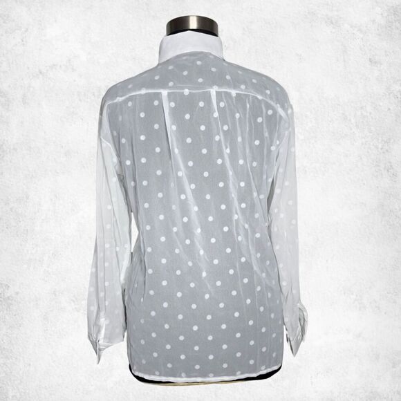 White Polka Dot Button Down Blouse 2XL – Sheer Lightweight Long Sleeve Top - Picture 4 of 7